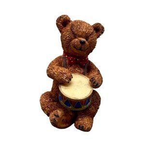 Vintage Ceramic Teddy Bear Drummer Figurine brown dots playful 3" bow tie READ